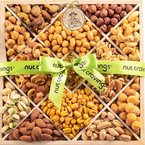 NUT CRAVINGS - Mixed Nuts Gift Basket (12 Assortments) | in Reusable Diamond Wooden Tray + Green Ribbon, Treats for Adults, Healthy Snack Care Package, Kosher