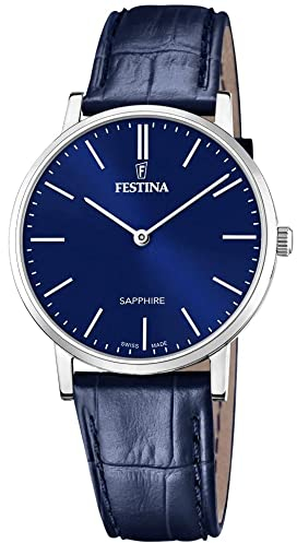 Festina Uhr Für Herren F20012/3 Swiss Made Silber Edelstahl Case BlauLeder Band