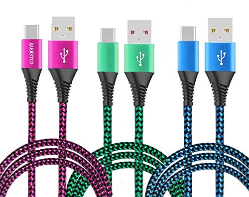 RAEWSTCO 3 confezioni Cavo USB Type-C 3A / 5A Ricarica ultra rapida Carica USB-C Cavo intrecciato in nylon Custodia in alluminio, design speciale con supporto antistrappo (2M+2.5M+3M)