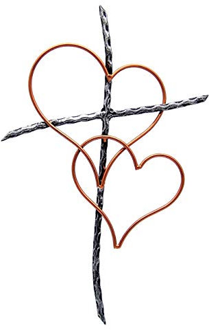 Silberfarbenes Wandkreuz aus Metall mit zwei ineinander verflochtenen bronzefarbenen Herzen, 48 cm