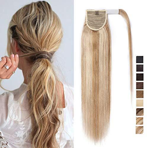 SEGO Ponytail Pferdeschwanz Haarteil Echthaar Zopf Extensions Haarverlängerung Clip in Pony Remy Hair Piece Honigblond/Hellblond #18p613-1 56 cm (95 g)