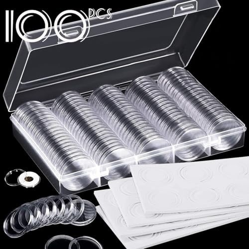 MHLKGNW 100pcs Capsule in Materiale Trasparente per Monete da 500 Lire 30mm con Scatola e Guarnizione di Protezione in Schiuma