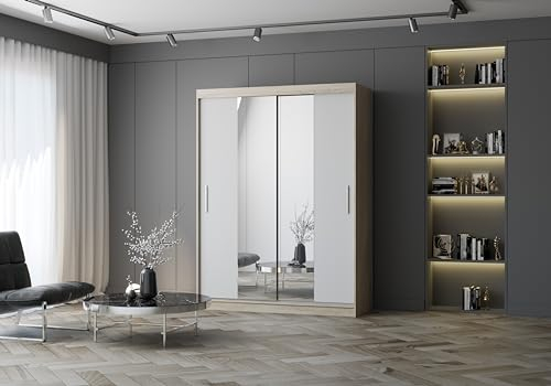 Fabryka Mebli Idźczak Kleiderschrank mit Spiegel, Schiebetüren - Schwebetürenschrank, Schlafzimmerschrank - 61 x 150 x 200 cm - Schrank für Schlafzimmer, Ankleidezimmer, Garderobe - Weiß, Sonoma