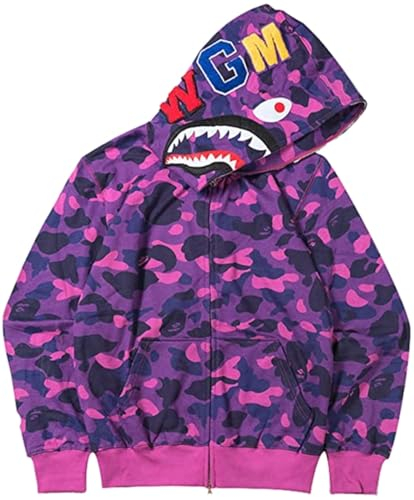 WINKEEY Herren Shark Hoodie Hip Hop Kapuzenpullover Mit Reißverschluss Langarm Sweatshirt mit Haifisch Druck Shark Head Zipper Jacken, Lila Tarnung XL