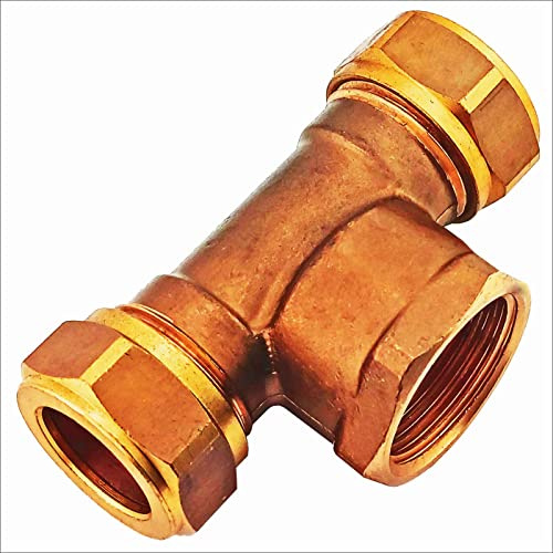 MegaHaustechnik Schraubfitting Kupferrohr, T-Stück, 22mm x 1 Zoll IG | Messing Klemmringverschraubung, Trinkwasser geeignet, für Rohr-Außendurchmesser 22mm, Mittenabgang 1 Zoll Innengewinde