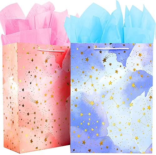 Large Gift Bag Set with FREE 4 Sheets of Tissue Paper - Pink and Blue Paper Bags with Handle for Women, Men, Kids, Birthday Party Presents