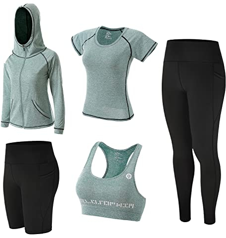 ZETIY 5 Stück Damen Fitness Trainingsanzug Yoga Set, Sportbekleidung Pilates Sportbekleidung Tennisbekleidung Laufbekleidung für Gym Fitness Jogging - Grün - L