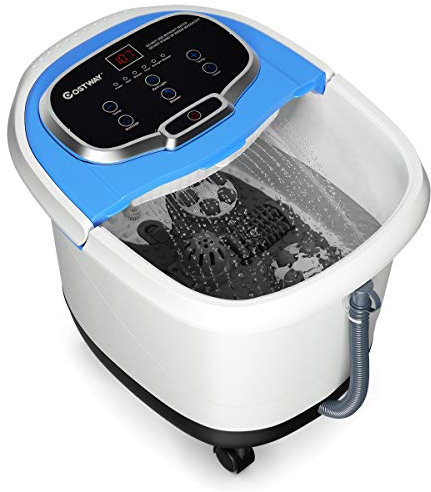 COSTWAY Bain de Pieds 15L avec Ecran LED, 6 Rouleaux de Massage, Masseur de Pieds avec Chaleur Automatique 35℃-48℃, Fonction de Douche et Lumière Rouge (Bleu)