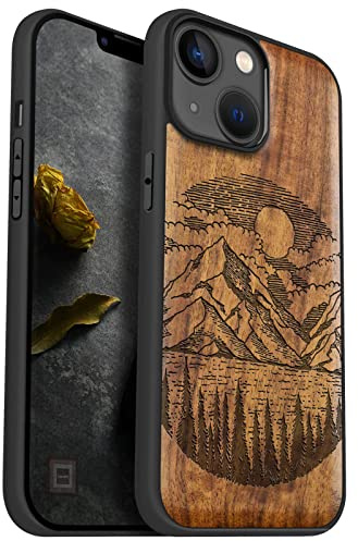 Carveit Holz Cover für iPhone 14, Nussbaum-Alpensee | Handyhulle kompatibel MagSafe Massivholz für iPhone 14 Handyhülle Stoßstange Weich TPU Case