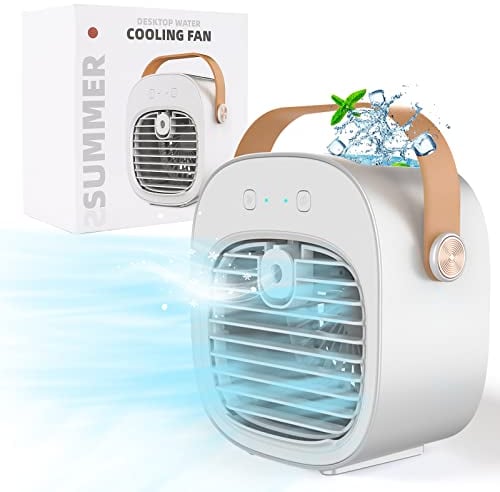 Portable Air Cooler, Mini Personal Air Conditioner, 2 in 1 Small Evaporative Coolers with Handle/Humidifier/ 3 Speeds Desktop Ice Cube Cooling Fan for Travel, Office and Bedroom
