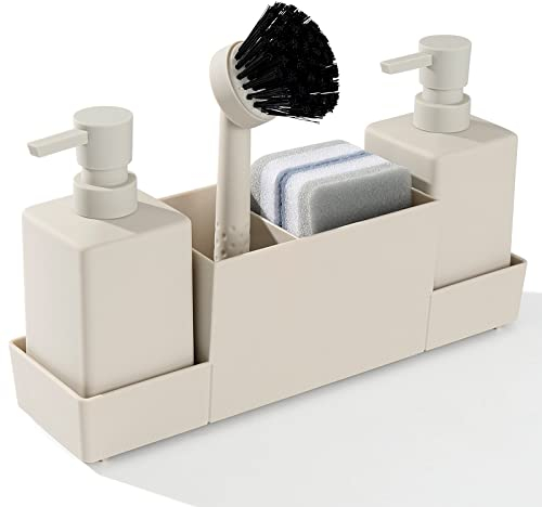 Küchenseifenspender mit Schwammhalter Set für Spülbecken-Caddy, Handseife und Spülseifenspender mit Bürste, Mattbeige