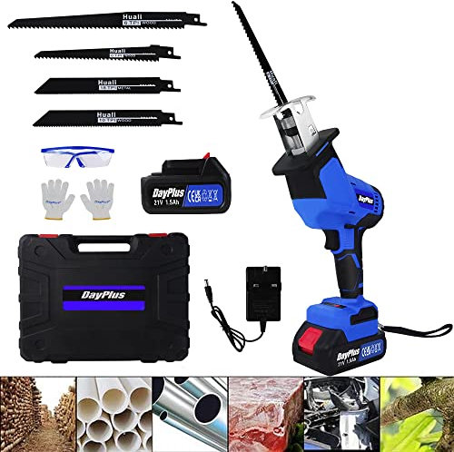 21V Cordless Powered Reciprocating Saw Electric Brushless Wood Saw Sabre Saw with 1500mAh Battery, 4 Saw Blades, 1 Kit Box, 0-1900RPM Variable Speed for Metal Wood PVC Pipe Tree Pruning Cutting