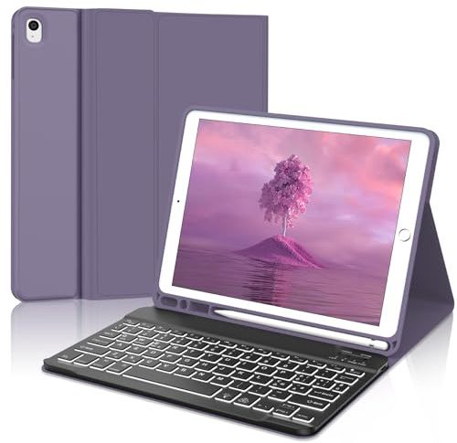 JADEMALL Coque Clavier pour iPad 7eme/8eme/9eme Generation 10.2 - AZERTY Français Clavier Rétro-éclairé Magnétique Amovible Bluetooth pour iPad 9eme Generation, Violet