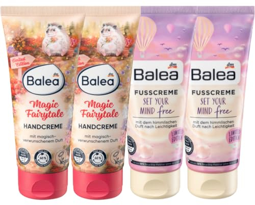 Balea 4er-Set Hautpflege: Handcreme MAGIC FAIRYTALE aromatisch, blumig, fruchtig für trockene, strapazierte Hände (2 x 100 ml) + Fußcreme SET YOUR MIND FREE extra Feuchtigkeit (2 x 100 ml), 400 ml