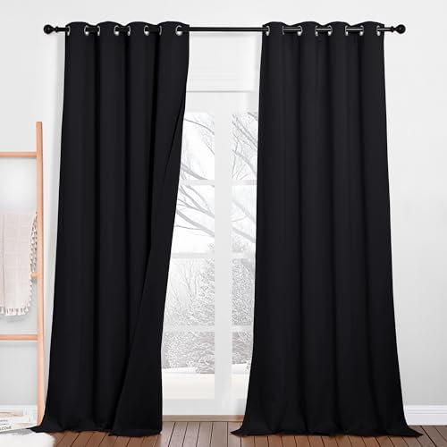 PONY DANCE Rideaux Anti Bruit - Rideaux 100% Occultant Noir Isolant Thermique Anti Froid Chaleur Épais Opaque Anti UV pour Chambre Salon Maison à Oeillets, L132 x H260cm, 2 Pcs