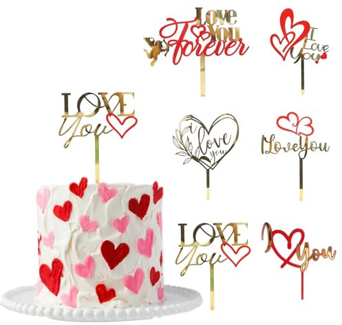 6 Pcs Love Heart Cake Topper Cake Decoration for Valentine's Day Wedding Mother's Day, Acrylic Gold Cupcake Topper Picks Love You Letter Cake Topper for Party Cake Desserts Decor Supplies