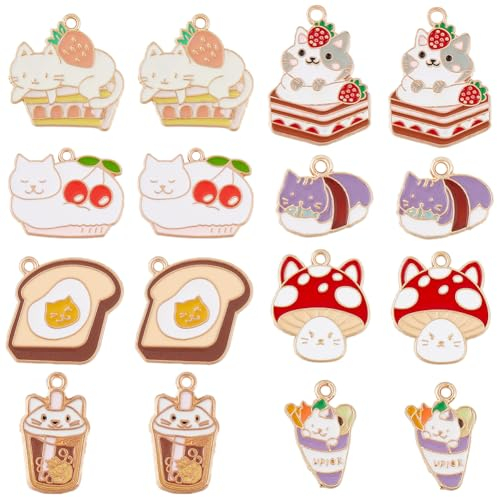 SUNNYCLUE 1 Box 32Pcs 8 Styles Enamel Cat Charm Bulk Food Charms Cute Kitty Strawberry Cake Bread Milk Tea Cup Small Animal Charm for jewellery Making Supplies DIY Necklace Bracelet Earrings Keychains