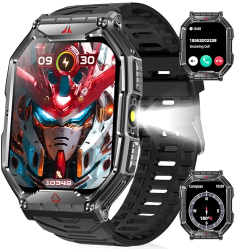 Smartwatch Herren Militär mit Telefonfunktion,2.1''AMOLED aktivitätstracker fitness tracker mit 60-90 Tage Standby-Zeit/Flashlight/Kompass/Höhenbarometer/100+ Sportmodi Sportuhr fitnessuhr Android ios