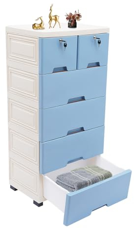 C-Juzarl Kommode Schubladen Aufbewahrung Standschrank 6 Schubladen Home Kunststoff Kommode mit 6 Schubladen Sideboard Anrichte Freistehend 102cm (Blau)