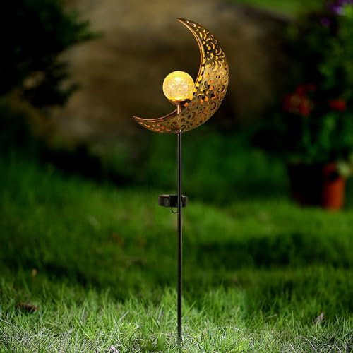 Greenfields Solar Lights Outdoor Garden Lanterns - Torch, Moon, Sun, Star Waterproof Metal Lantern - Decorative White LED Crackle Glass Globe Light Stake for Pathway, Patio, Lawn Garden Ornaments