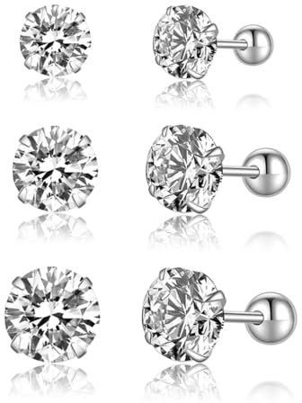 SLUYNZ Sterling Silber Runde Simulierte Diamant Ohrstecker für Damen Runde CZ Ohrstecker Set Schraube Back Kleine CZ Ohrstecker Set 3 Paare (A-Silber)