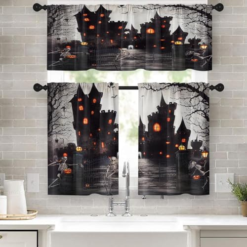 Tayney Halloween-Küchenvorhänge, Skelett-Schädel, Fenstervorhänge, Volant und Etagen-Set, 91,4 cm, lustiger Gothic-Baumstangentasche, kurzstöckiger Vorhang für Zimmer, Horror, gruselig, kleines Café,