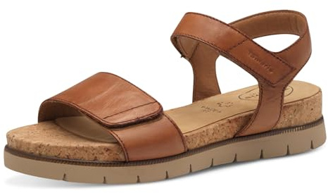 Tamaris Damen Wide Fit Damen Sandalen flach aus Leder mit Klettverschluss, braun (Cognac Nappa), 41 EU