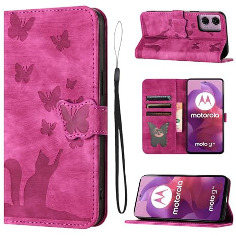 LSPCASA Housse Protection pour Motorola Moto G24/G04 4G 6.5 Pouces Matériau en Cuir PU Coque Moto G24/G04 avec Fentes pour Cartes Coque Moto G24/G04 Rose