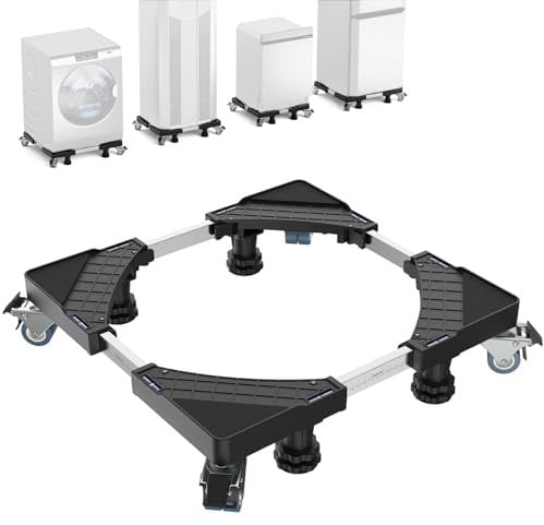 Base Lavatrice con 4 Piedi + 8 Ruote Bloccabili Base per Lavatrice Regolabile 45.5 a 70 cm per Frigorifero Asciugatrice e Congelatore, Capacità di Peso 500 kg, Nero