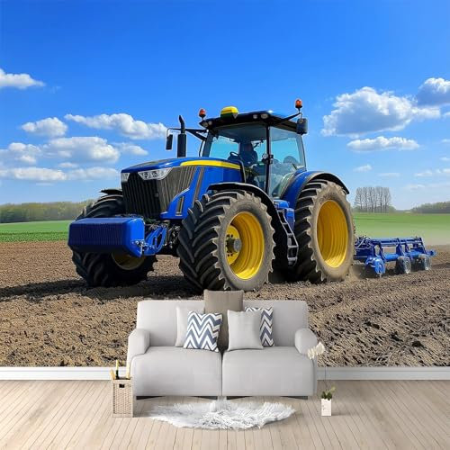 Fototapete Blauer Traktor 200x140 cm 3D Vliestapete Wandbild, Mustertapete Moderne Wandtapete, Wohnzimmer Schlafzimmer Kinderzimmer Büro Flur Wanddeko