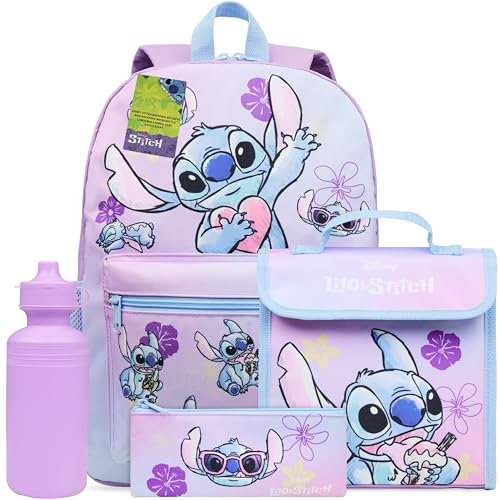 Disney Stitch Zainetto Bambina Ragazza Set 4 Pz con Borraccia Bambini Astuccio Scuola Borsa Portapranzo Accessori Scuola