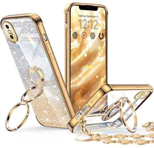 XYZ for iPhone Xs Max Case with Stand, Phone Case with Double Ring Kickstand, Women Girls Bling Luxury Glitter Clear Phone Case Cover Heart for iPhone Xs Max(6.5 inch), Gold