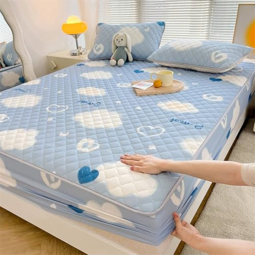 Epinki Betttuch 150x200cm Abwaschbar, Wolken Herz Muster Spannbettlaken Gesteppt Gedruckt Schlafkomfort, Polyester Bett Laken Bezug Blau Weiß für alle Jahreszeiten