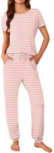 Ekouaer Womens Pyjamas Set Short Sleeve Cute Printed Long Pants 2 Piece PJ Sets Loungewear Sleepwear with Pockets, Pink Stripes, XL