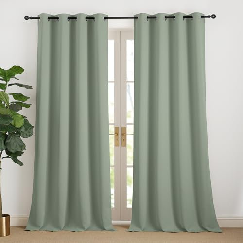 NICETOWN Rideaux Thermique de Fenêtre Draperies à Oeillets Lumineux Bloquer Anti UV pour Decoration Maison Chambre, 140cm Largeur sur 240 Hauteur, Sauge Vert, 2 Pièces