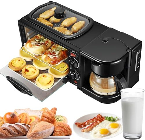 3 In 1 Multifunctional Breakfast Machine, Breakfast Maker Station with Mini Toaster Electric Oven, Coffee Maker, Frying Pan, and Egg Sandwich Maker, Independent Control, for Apartments Kitchen(Black)