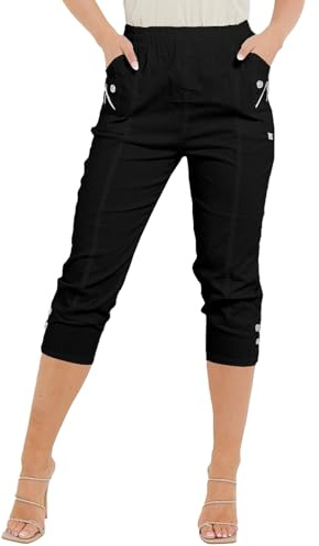 Women Cherry Berry Capri 3/4 Trousers, Ladies Elasticated Cotton Stretch Cropped Bottom Pants Plus Size 10-24