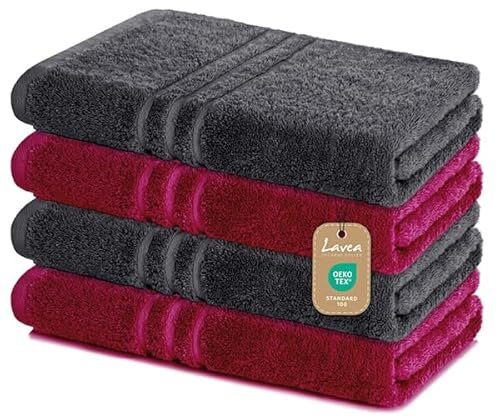 Lavea Duschtücher 4er Set – 70x140 cm – 100% Baumwolle – Weiche & Saugfähige Frottee Handtücher – 500 g/m² – Einfarbig & Zweifarbig – ÖKO-TEX Zertifiziert – Waschbar bis 60°C - Anthrazit & Bordeaux