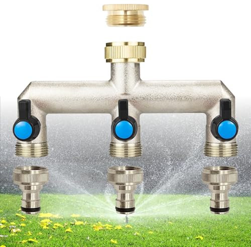 Distributore dell'acqua per rubinetto a 3 vie, in ottone, distributore d'acqua Gardena con 3 adattatori da 3/4 a 1/2 per regolare e bloccare il flusso d'acqua, per tubi da giardino
