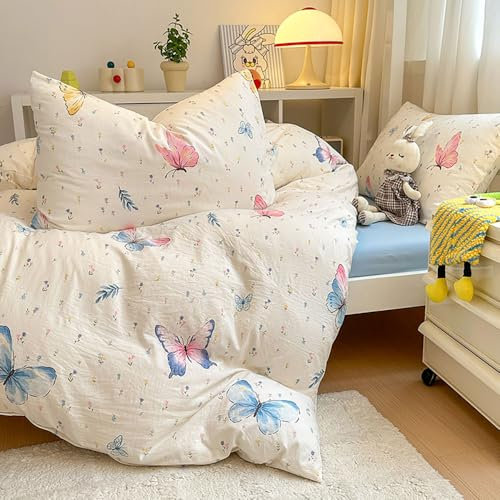 Covebett Bettwäsche 155x220 Rosa Blau Blumen Schmetterling Bunt Bettwäsche Set Gewaschene Microfaser 2teilig, Aesthetic Romantisch Mädchen Blümchen Bettbezug und Kissenbezug 80x80 mit Reißverschluss