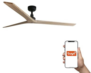 Faro Klim Ventilador de techo grande de 3 aspas, color negro mate, madera de roble, sistema inteligente Tuya