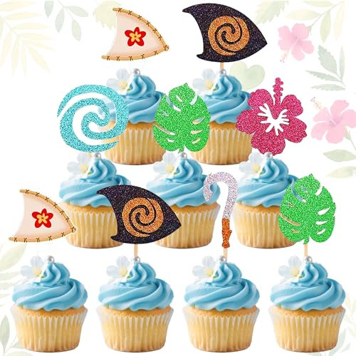 Moana Cupcake Toppers Birthday Party Decoration Boat Sail Swirl Hook Hawaiian Flower Leaves for Tropical Luau Summer Party Baby Pack of 30