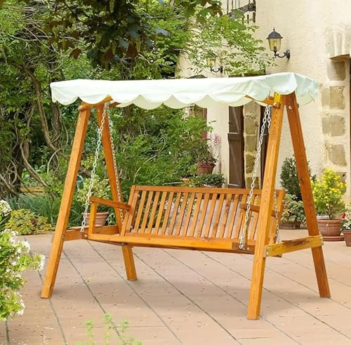 3 Seater Swing Chair Outdoor Garden Furniture Large Rustic Wooden Hammock Bench Canopy White Sun Shade Shelter Porch Deck Backyard Heavy Duty Seat