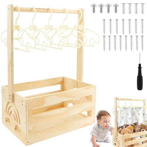 Holz Babyparty Schrank- Holz Baby Geschenk Korb 34x22,8x17,5cm, babykorb mit Griff und 5 Kleiderbügel, Baby Dusche Kiste Schrank, personalisierte babygeschenk für schwangere neue Eltern. (A)