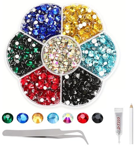3500pcs Rhinestones Bedazzling Kit, 7 Colours 7 Sizes Mixed Flatback Rhinestones with 1 Tweezers Glue Pen, Crystal Gems for Craft Nail Art Face Makeup Clothes