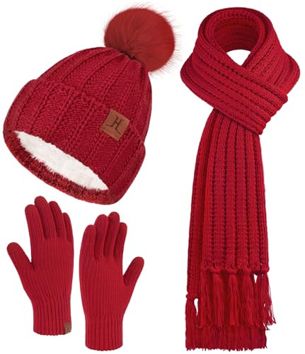 ZASFOU Damen Winter Beanie Mütze Schal Touchscreen Handschuhe Set Thermo Fleece Strickmütze Wintermütze mit Bommel Lange Schals Winterschal Winterhandschuhe Frauen Geschenk