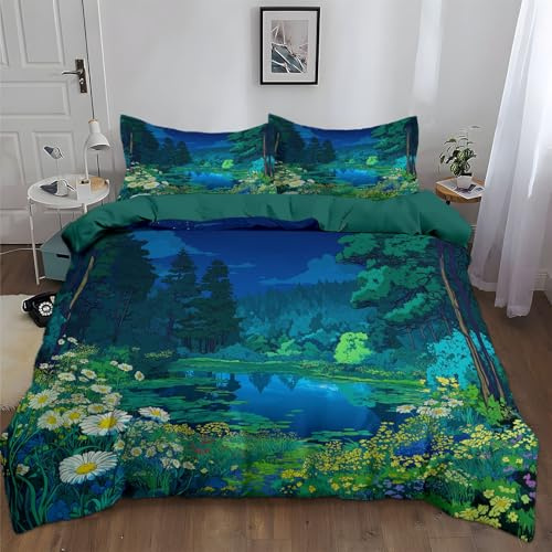 Bettwäsche 135 x 200 cm Bettbezug Fantasie Wald See Blumen, 2-teilig Bettwäsche-Set mit 1 Kissenbezug, Gänseblümchen Wildblumen Bäume Bettwäsche-Sets für Kinder Jugendliche, mit Reißverschluss - Grün