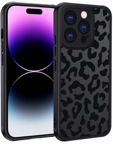 XTCASE für iPhone 14 Pro Hülle, Aesthetic Leopard Muster Frauen Mädchen Case Matt Transluzente Handyhülle Kratzfeste PC Rückseite + TPU Bumper - Schwarz