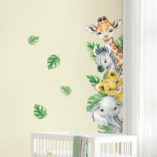 Tanlaby Wandtattoo Tiere Dschungel Türaufkleber Safari Tiere Wandsticker | Giraffe Elefant Grüne Blätter Wandaufkleber für Kinder Junge Mädchen Babyzimmer Wohnzimmer Schlafzimmer Wanddeko