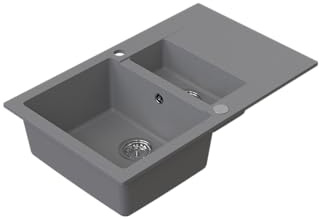 HOMEVELLO Spülbecken DIGNUM 1,5 Becken Granitspüle 79x49x20cm Grau, Hochwertige Küchenspüle mit Siphon, Abtropffläche, Pflegeleicht, Kratzfest, Moderne Design, Perfekt für jede Küche
